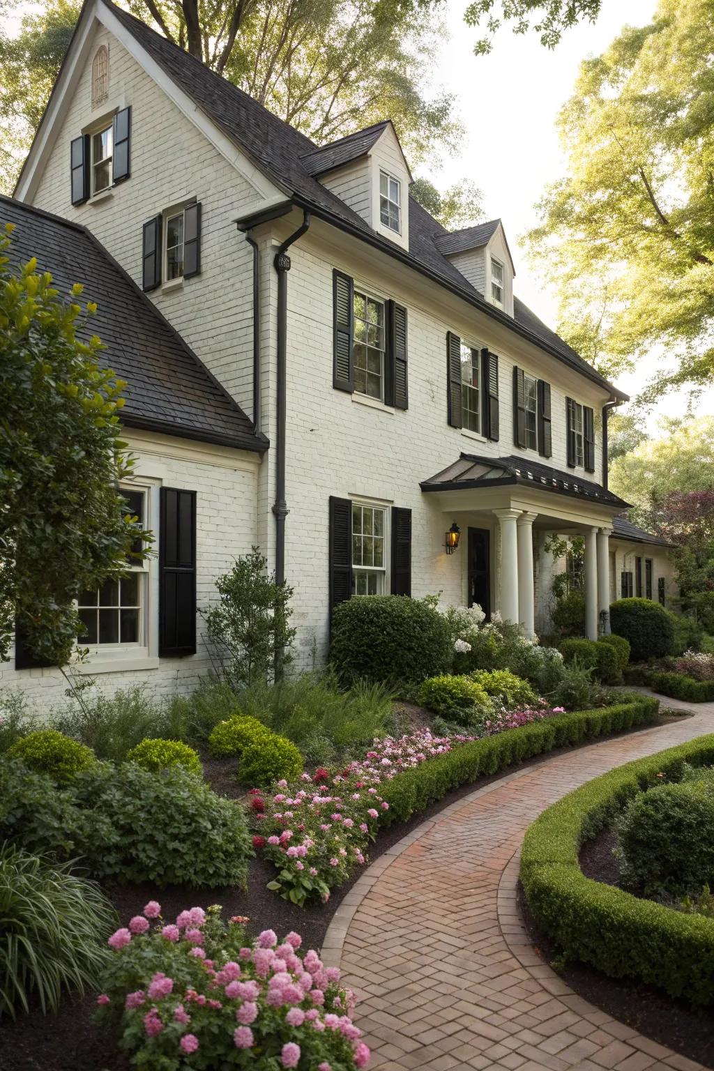 A traditional home displaying light-colored brick paired with contrasting black window treatments.