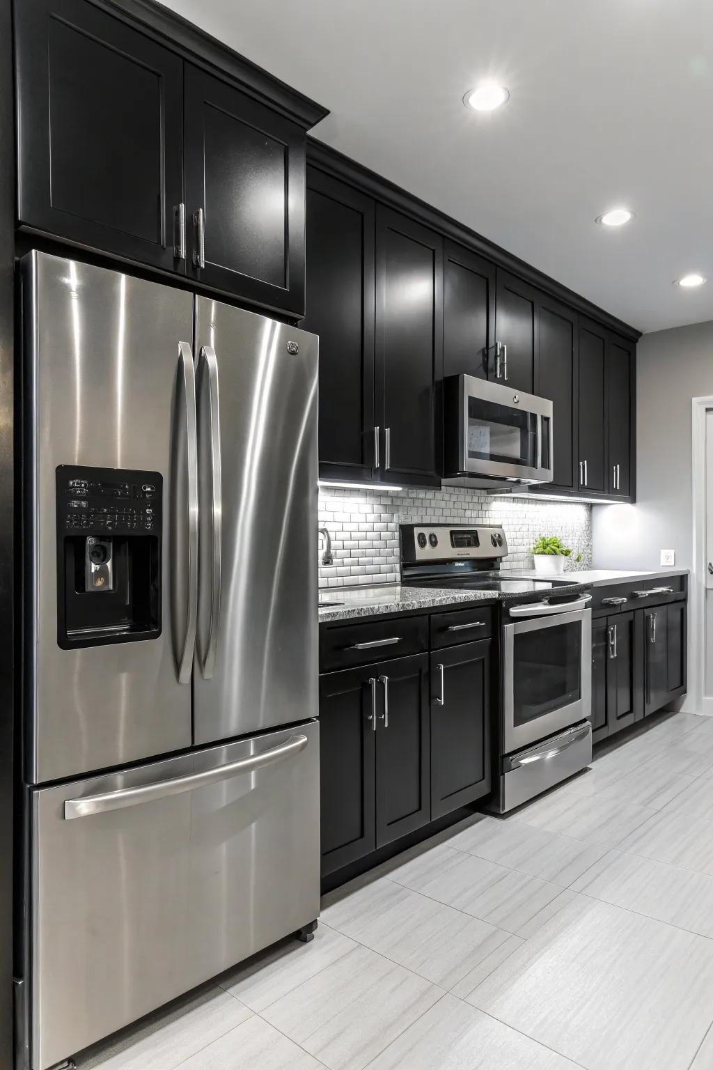 Brushed metal appliances enhance the sophistication of this black and white kitchen.