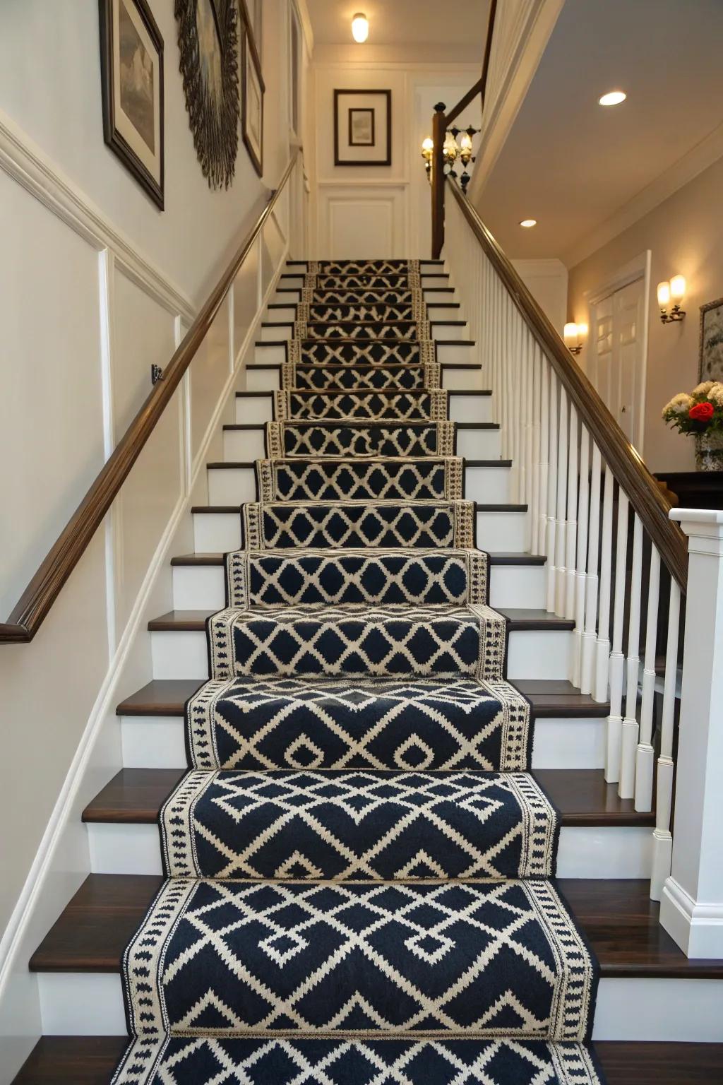 A chic stairway featuring a black and white geometric runner, adding texture and comfort.