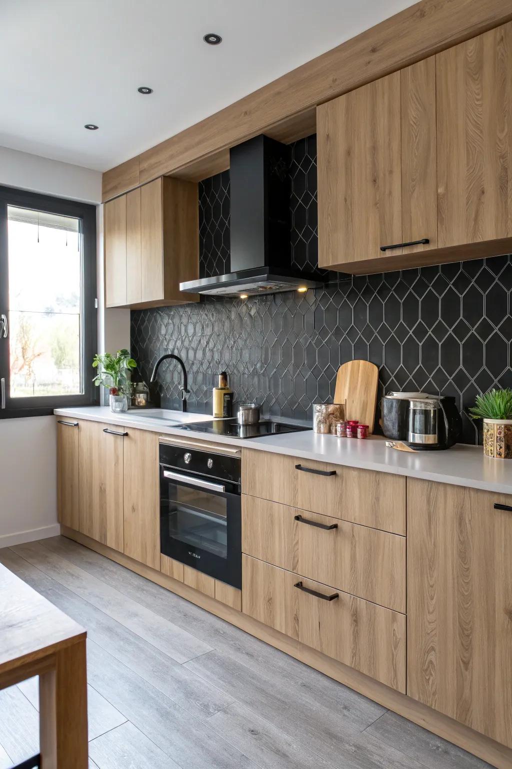 A kitchen displaying the charm of textured ebony tiles that enhance depth and interest.