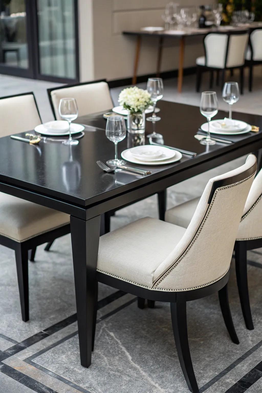 A graceful charcoal set anchors the vicinity.