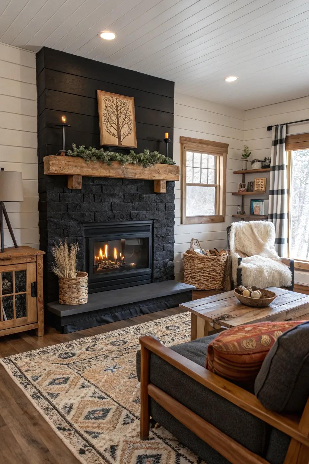 Blend country warmth with contemporary style using a dark shiplap hearth.
