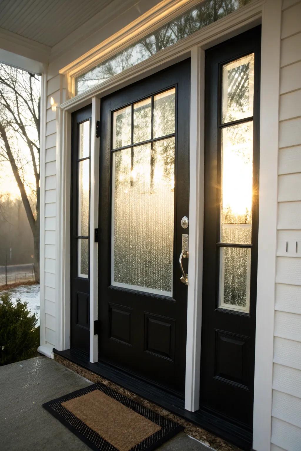 Textured crystal inserts welcome light while safeguarding privacy in this refined black and white door.
