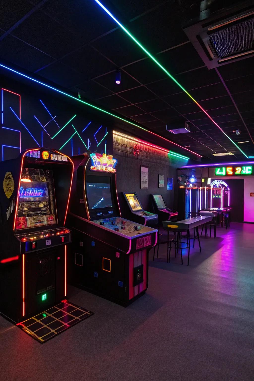 LED and neon lights give a bright and futuristic element to the game room.