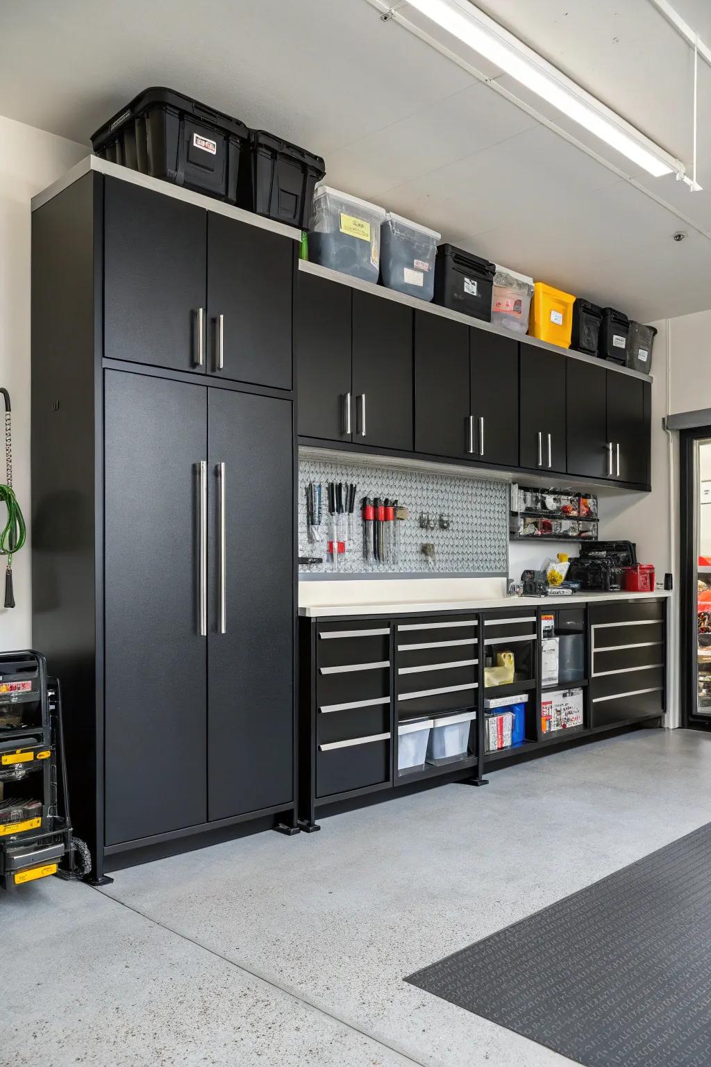 Effective dark-toned cabinets for an orderly garage.