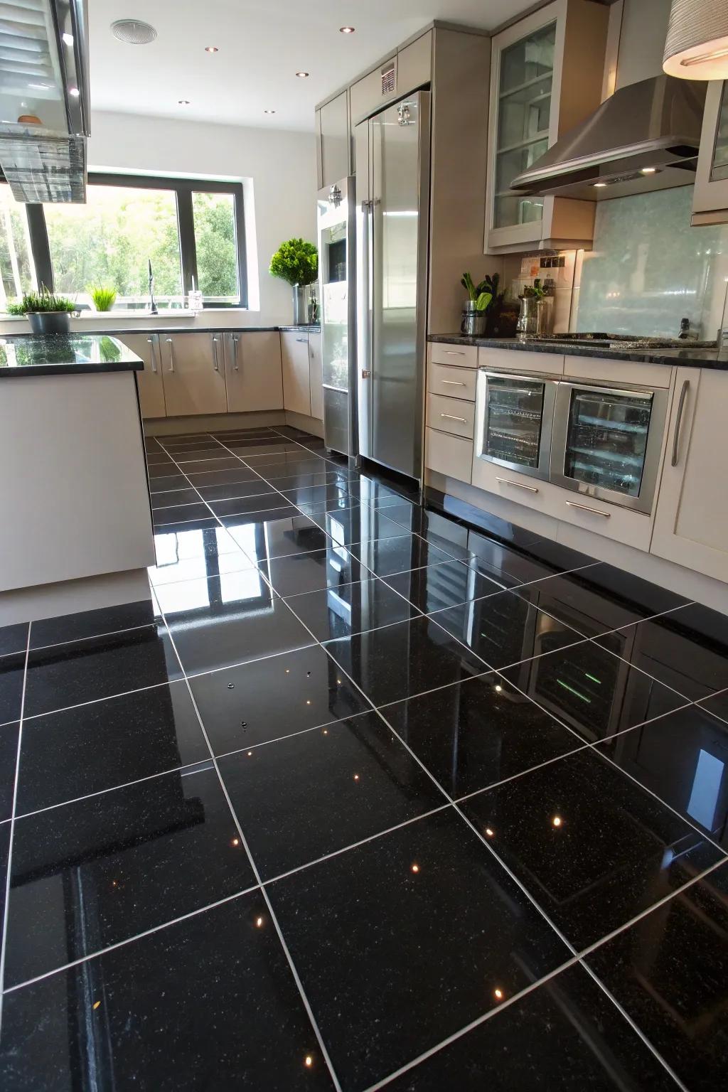 An opulent cooking area showcasing sleek jet-black floor components that reflect elegance.