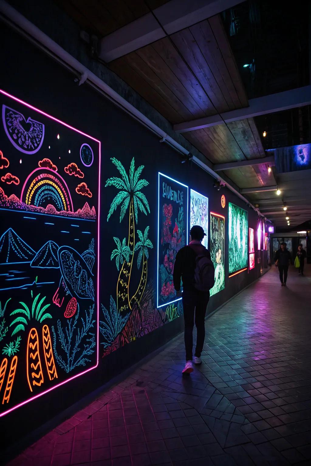 Neon artwork becomes a focal point under black light.