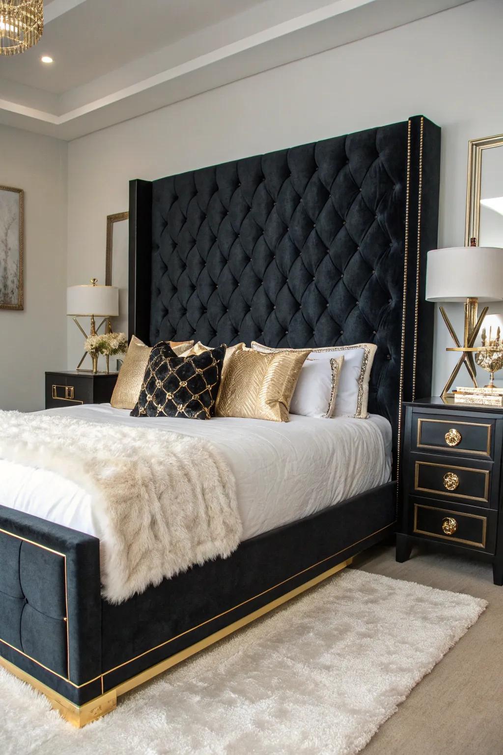 Texture headboards contribute a classy nuance to an obsidian-themed personal space.
