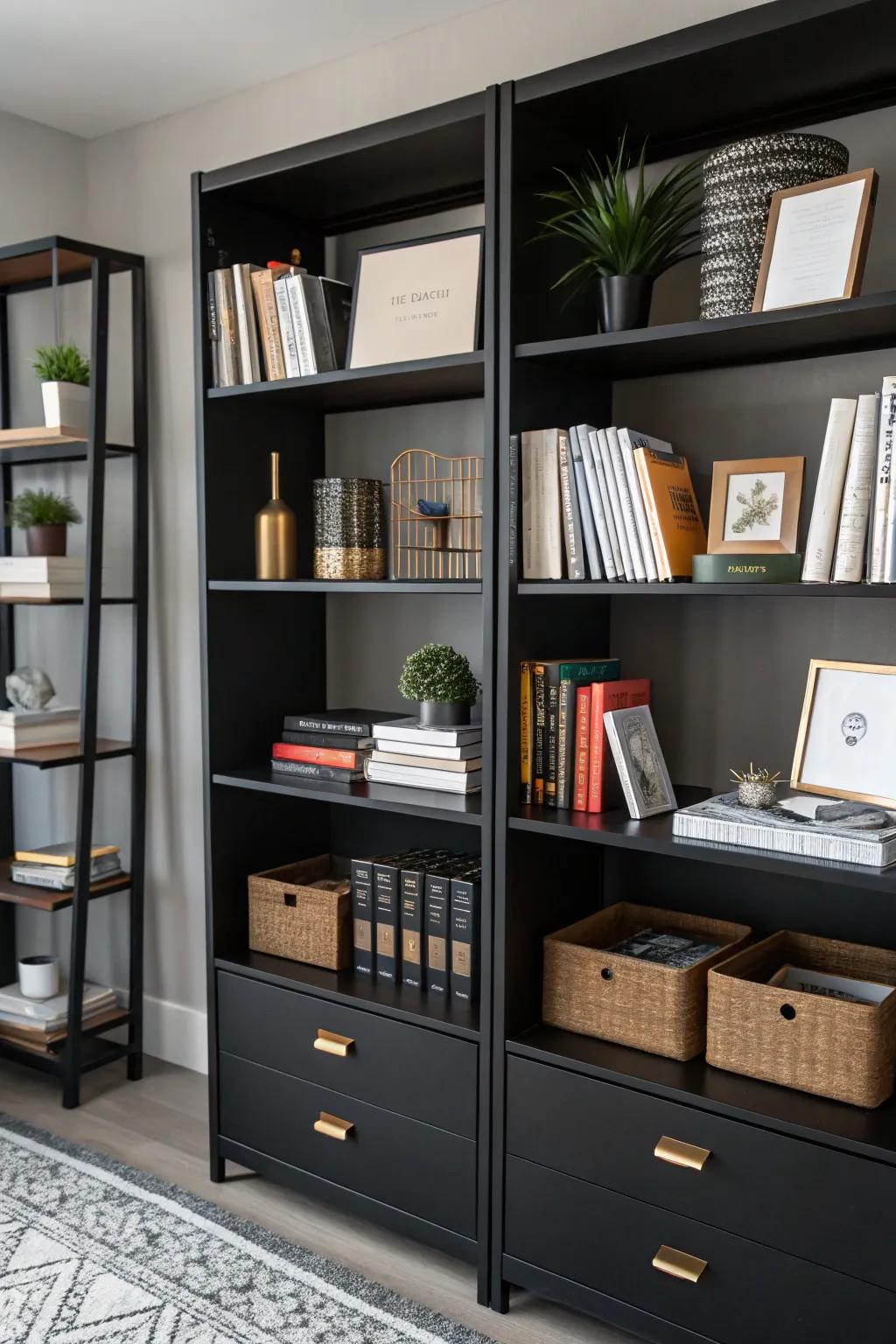 Visible storage introduces both charm and function to a charcoal workspace.