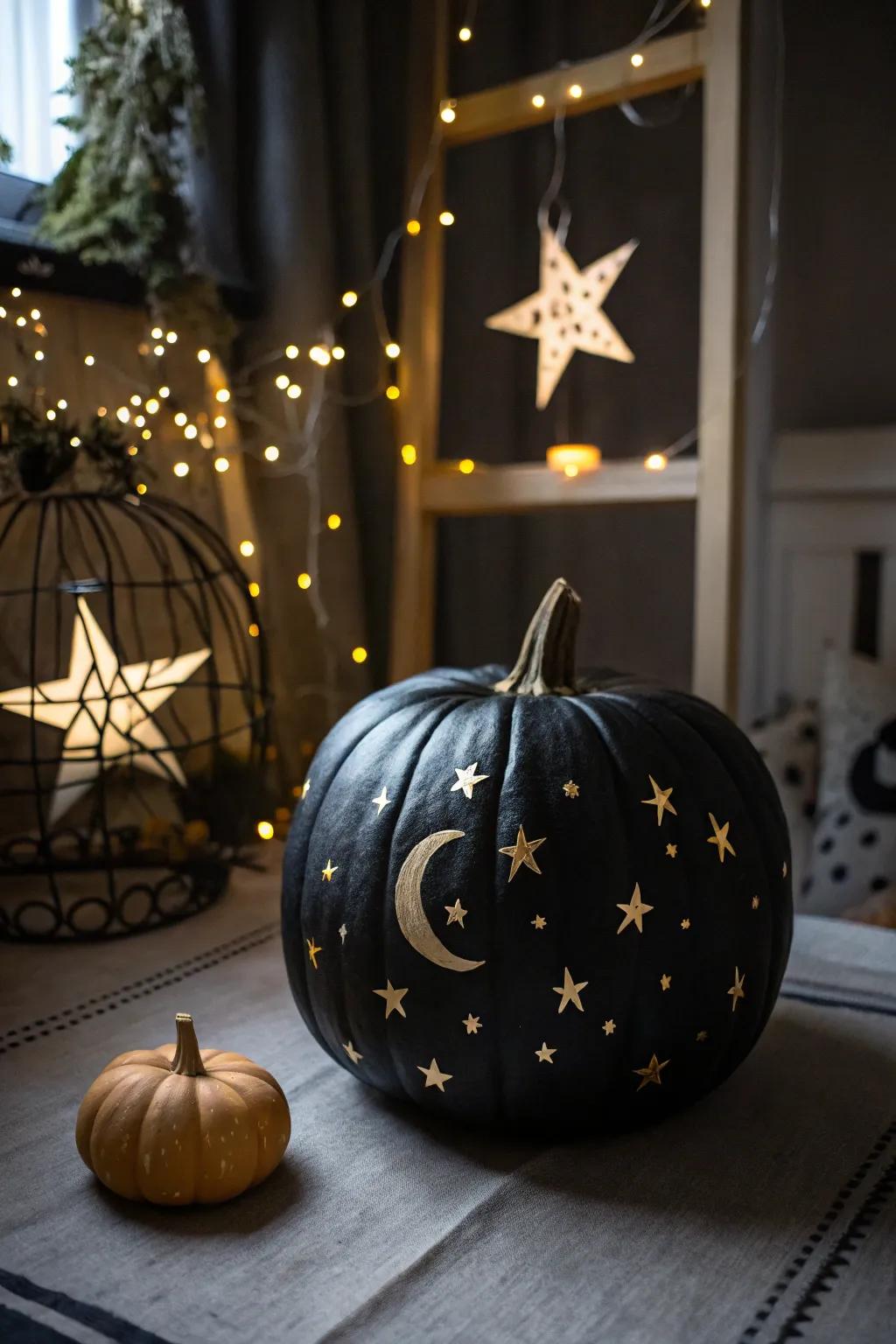 An enigmatic dark-colored pumpkin decorated with sun, moon and stars, suitable for a cosmic-themed design.