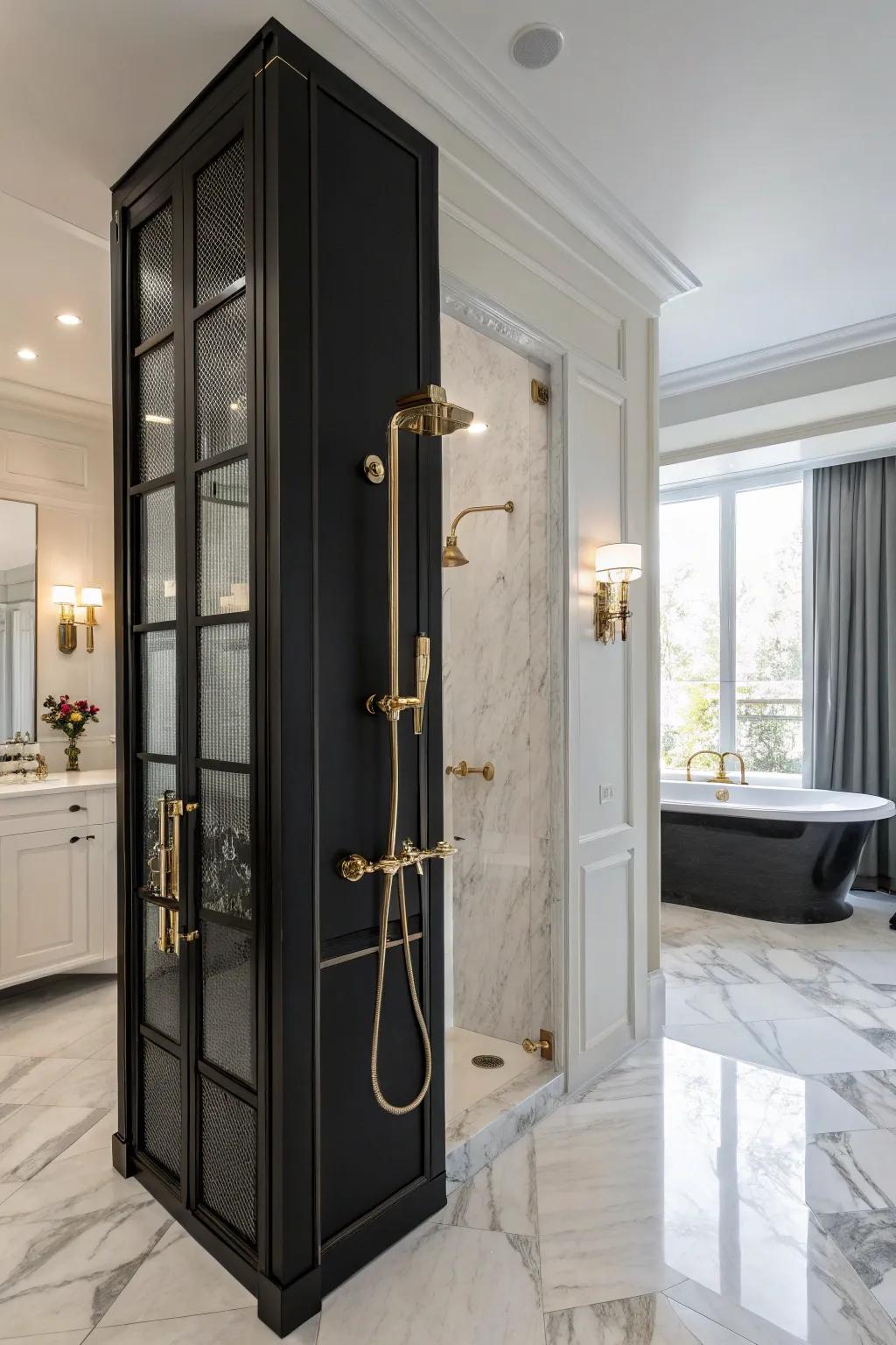 Metallic accents bring a touch of luxury to black showers.