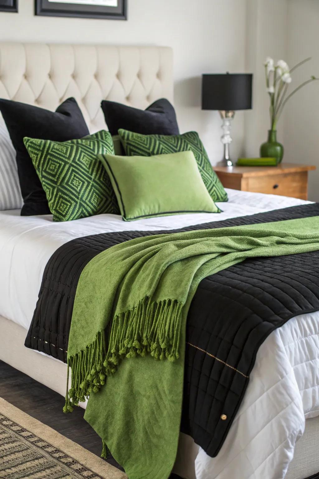 A bed styled with dark, light-toned, and green linens for a polished look.