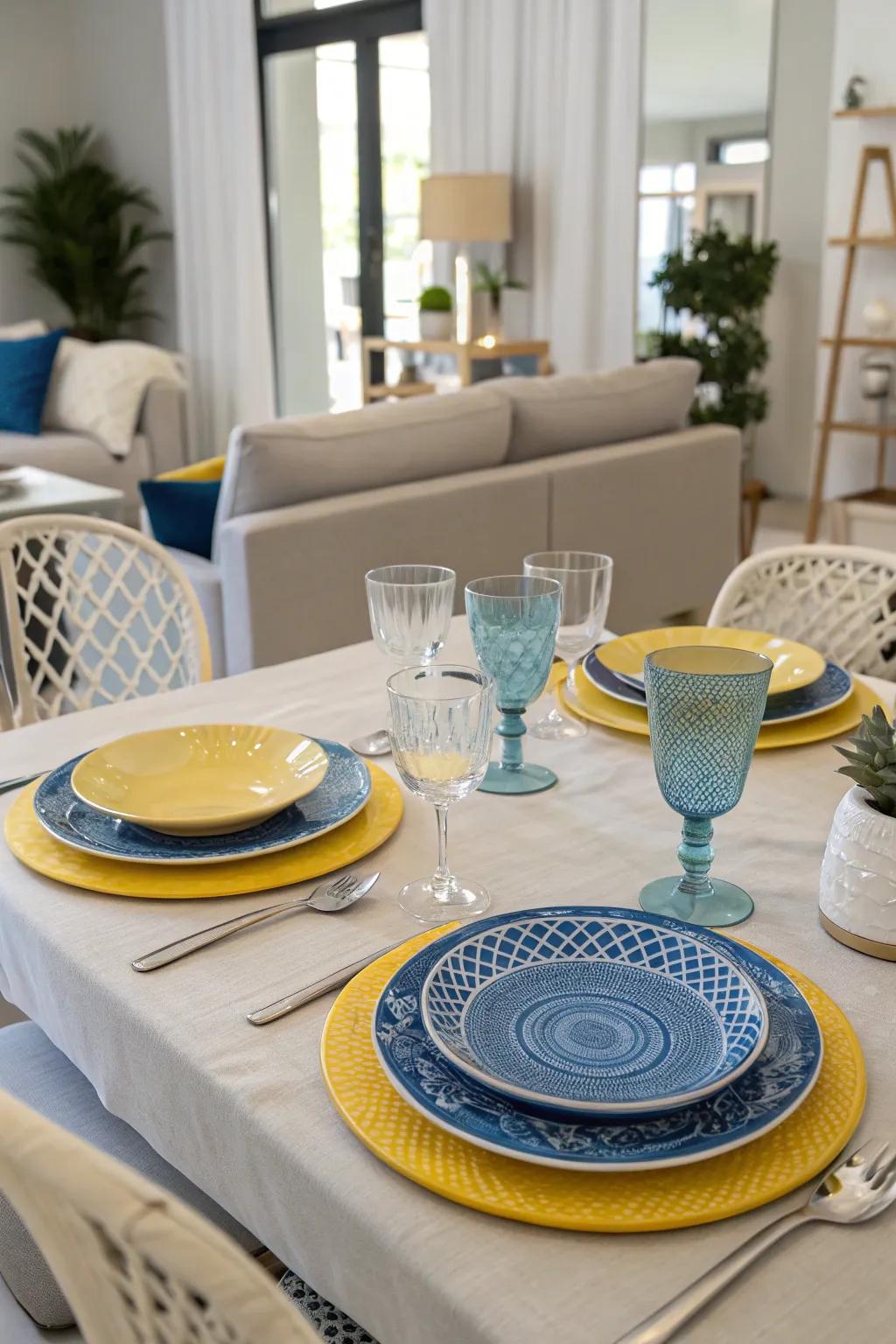 A dining table adorned with azure and gold dinnerware for an elegant dining atmosphere.