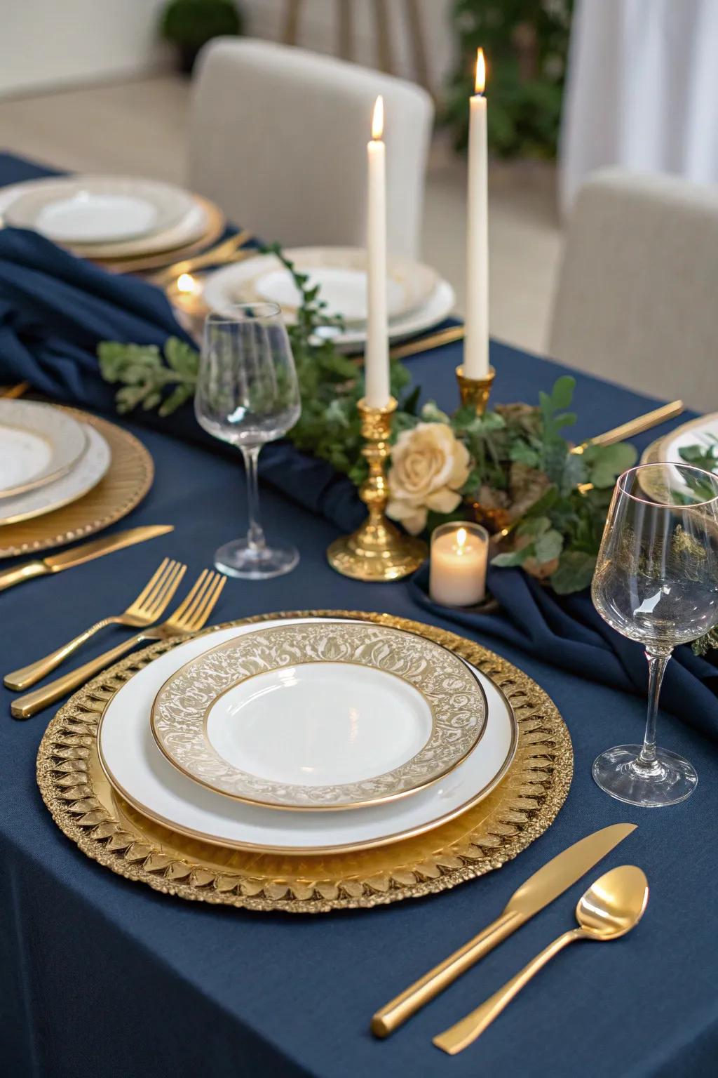 A sophisticated Christmas table styled in navy and gold