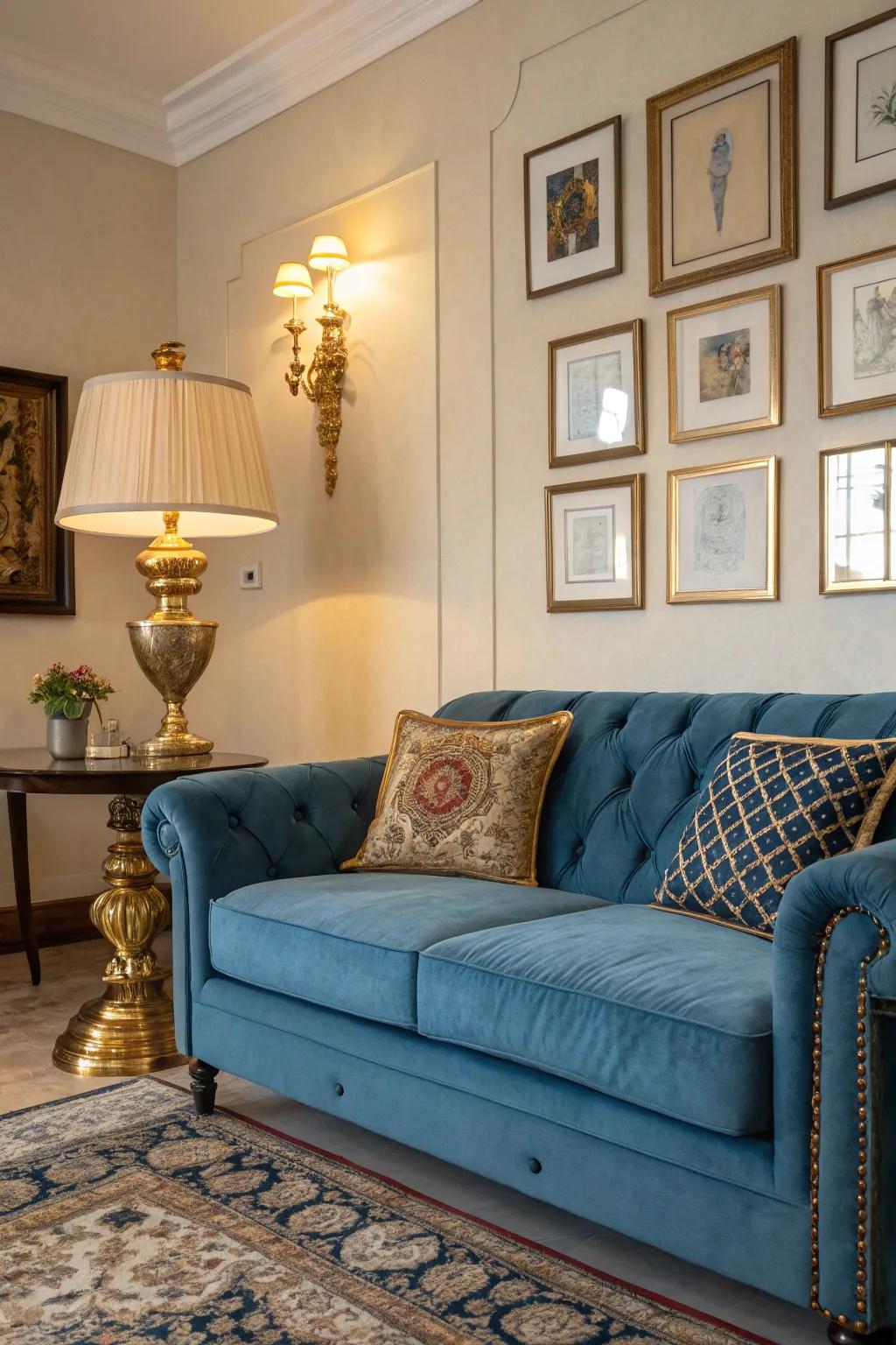 Lustrous accents bring a sophisticated gleam to the area.