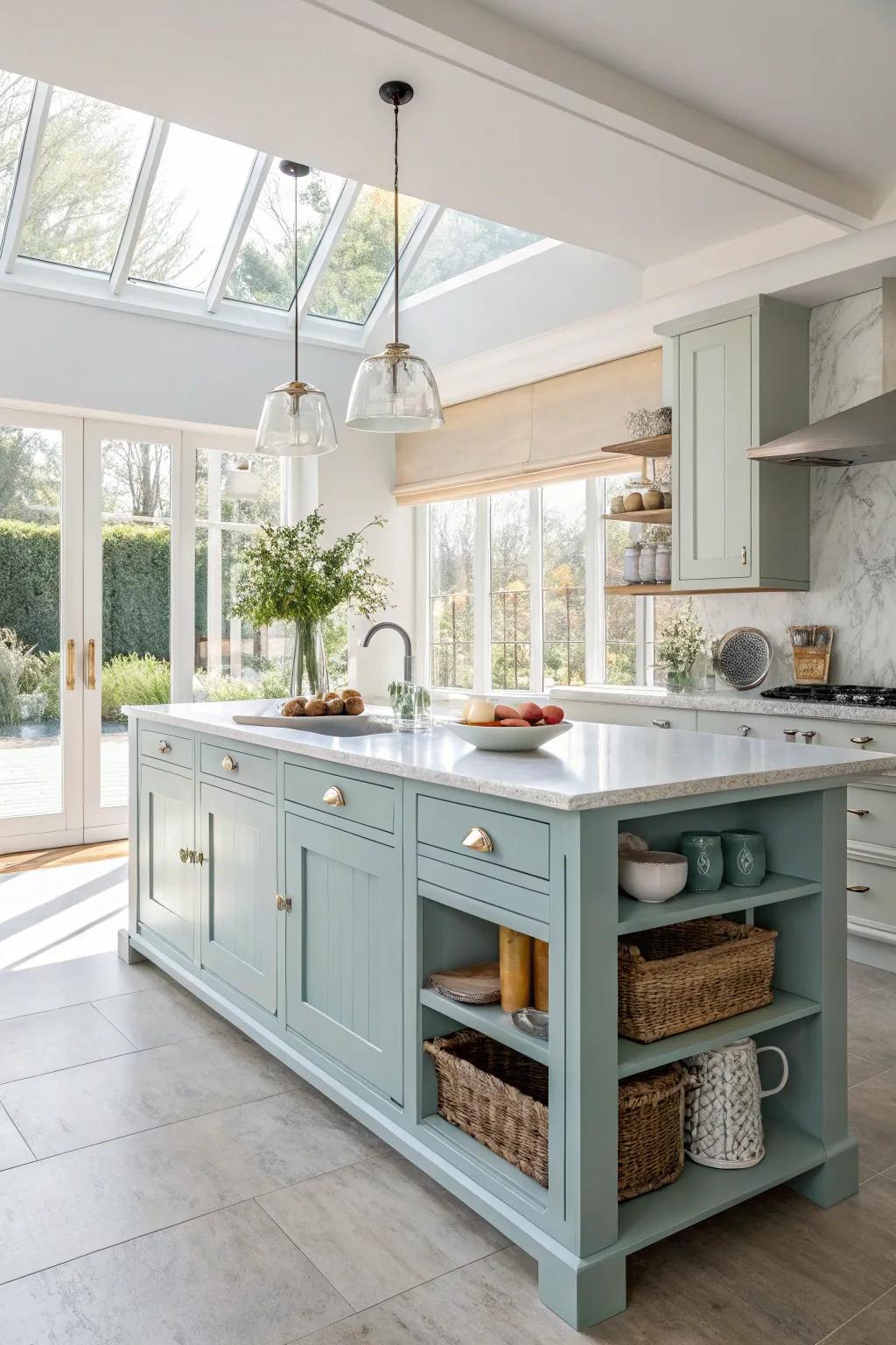Sky tint adds peace and openness to this welcoming kitchen.