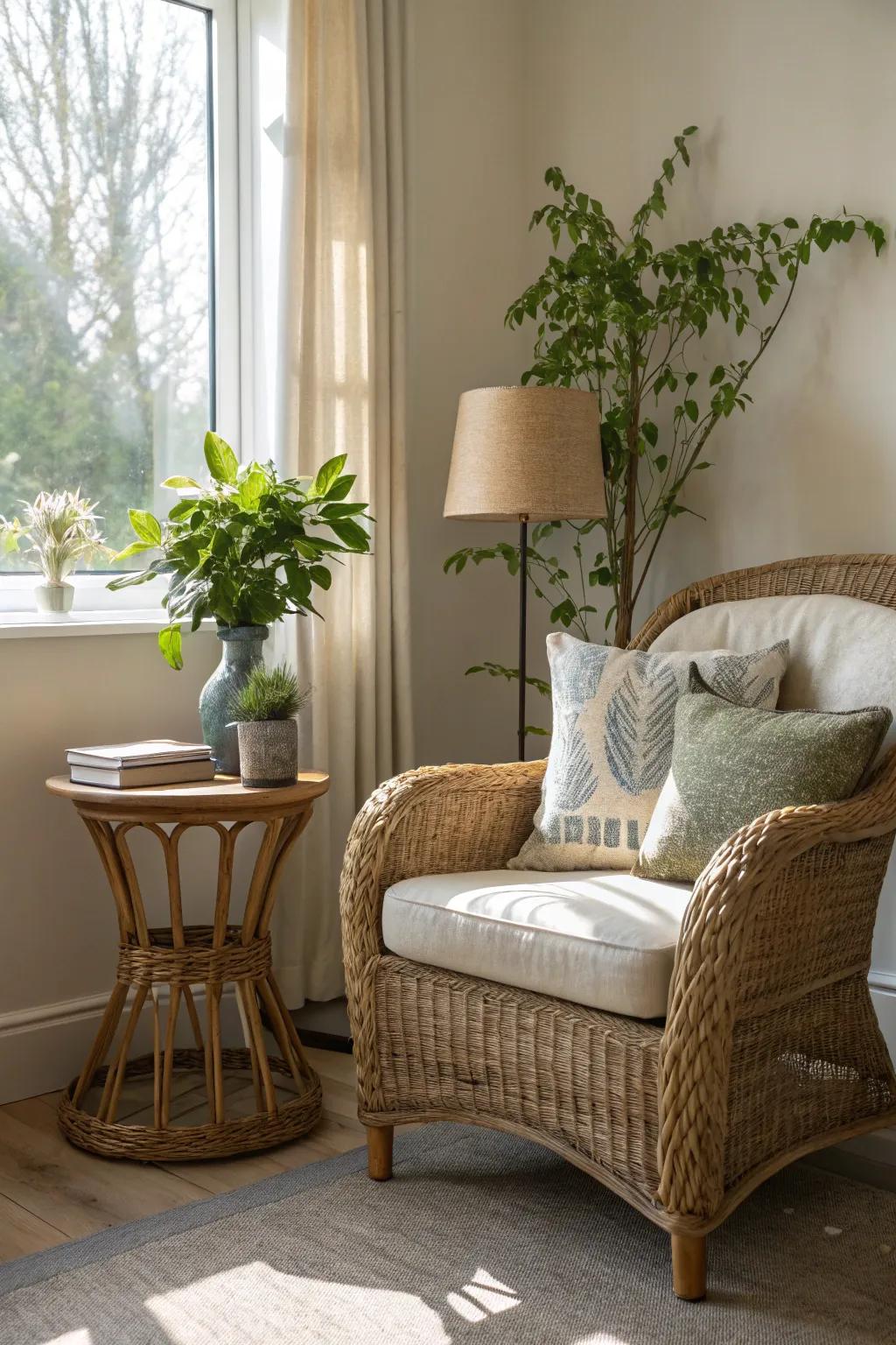 An inviting corner featuring a osier resting chair and organic aspects.