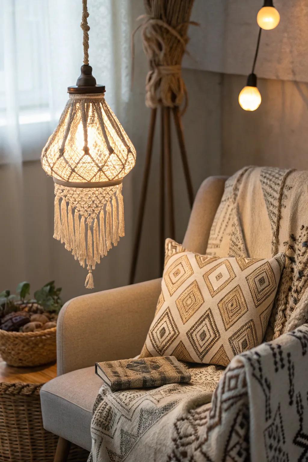 A twined hanging lamp enriches the texture and comfort of this boho-inspired nook.