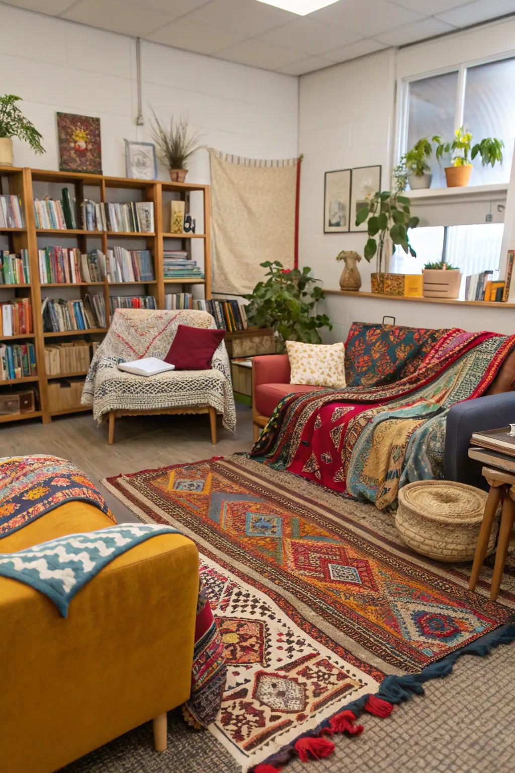 An office with layered textiles and vibrant patterns for a cozy vibe.