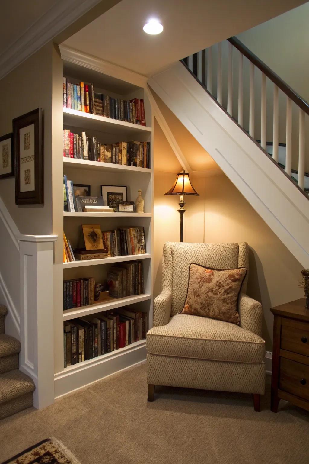 A concealed reading space beneath the staircase, ideal for undisturbed reading periods.