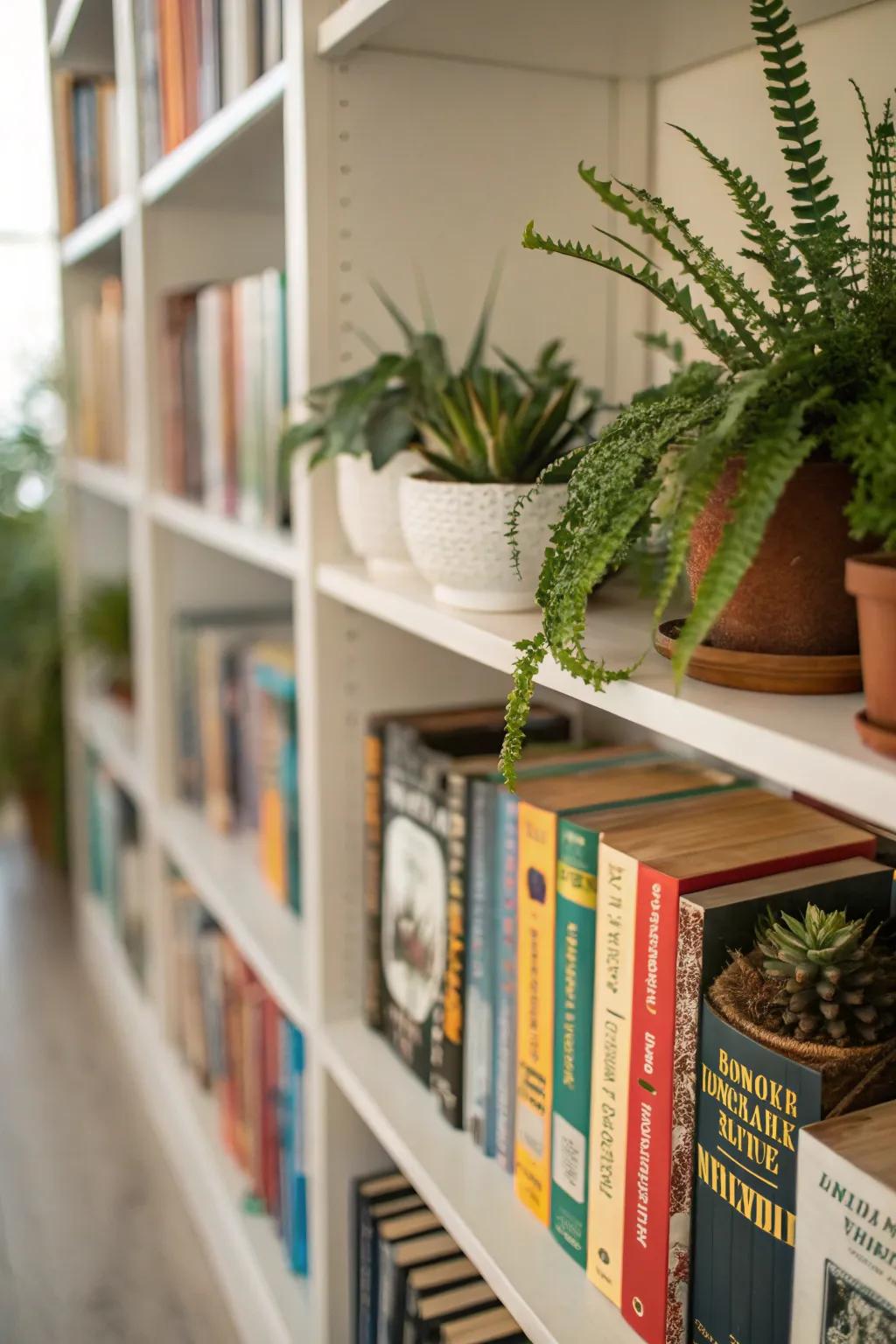 Bookshelves are revitalized with the integration of small plants and verdant touches.