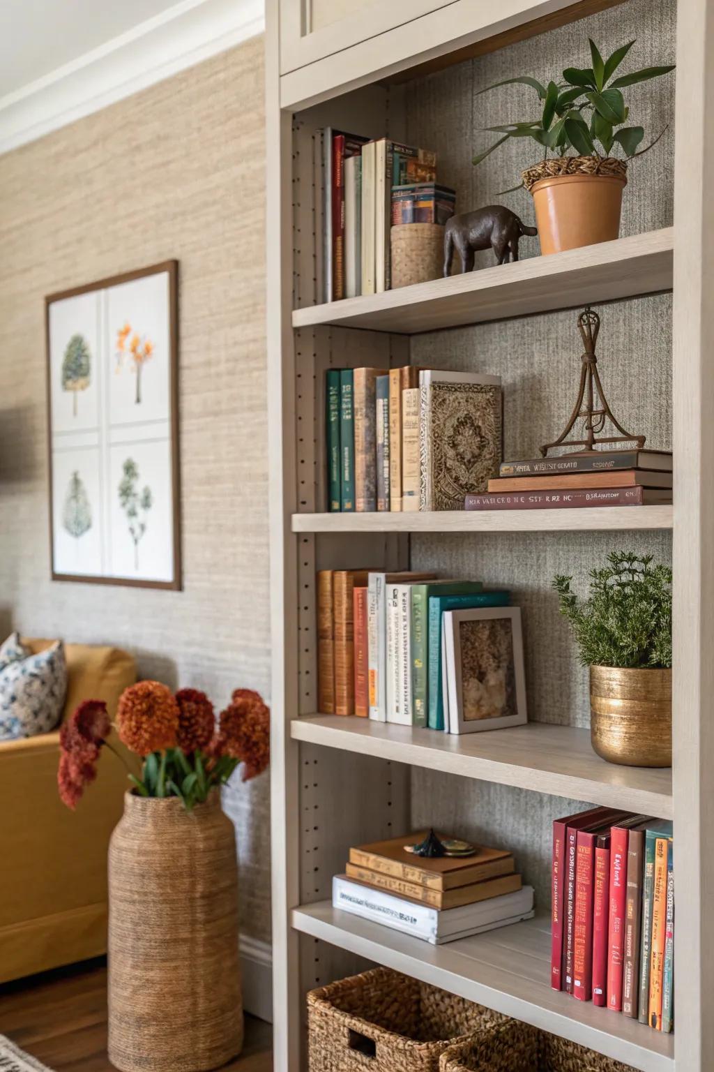 A bookshelf decorated with textured grasscloth wallpaper, radiating a cozy, welcoming atmosphere.