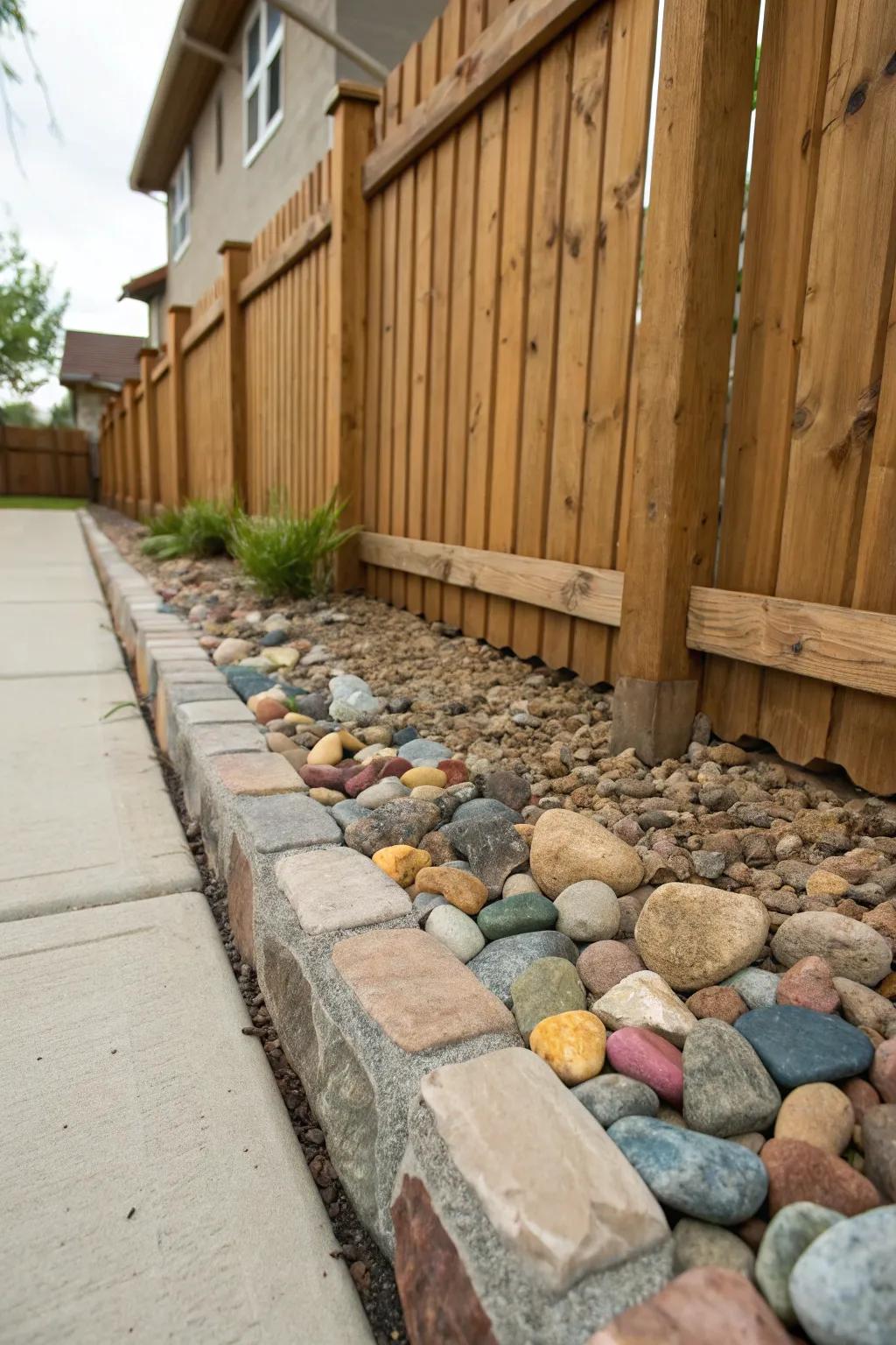 Rocks and pebbles introduce a tactile element to your fence.