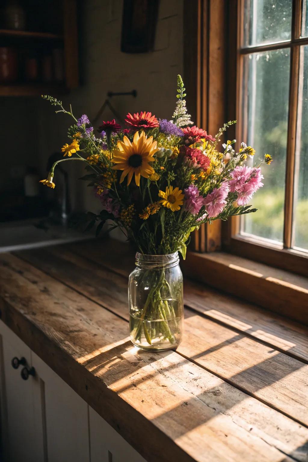 Wildflower bouquets bridge the gap between the outside and inside.
