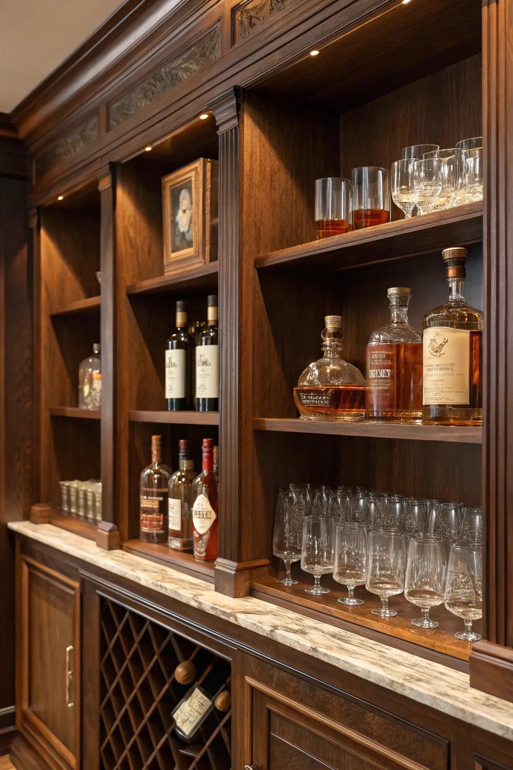 Deep timber shelves stylishly exhibit a spirits selection.