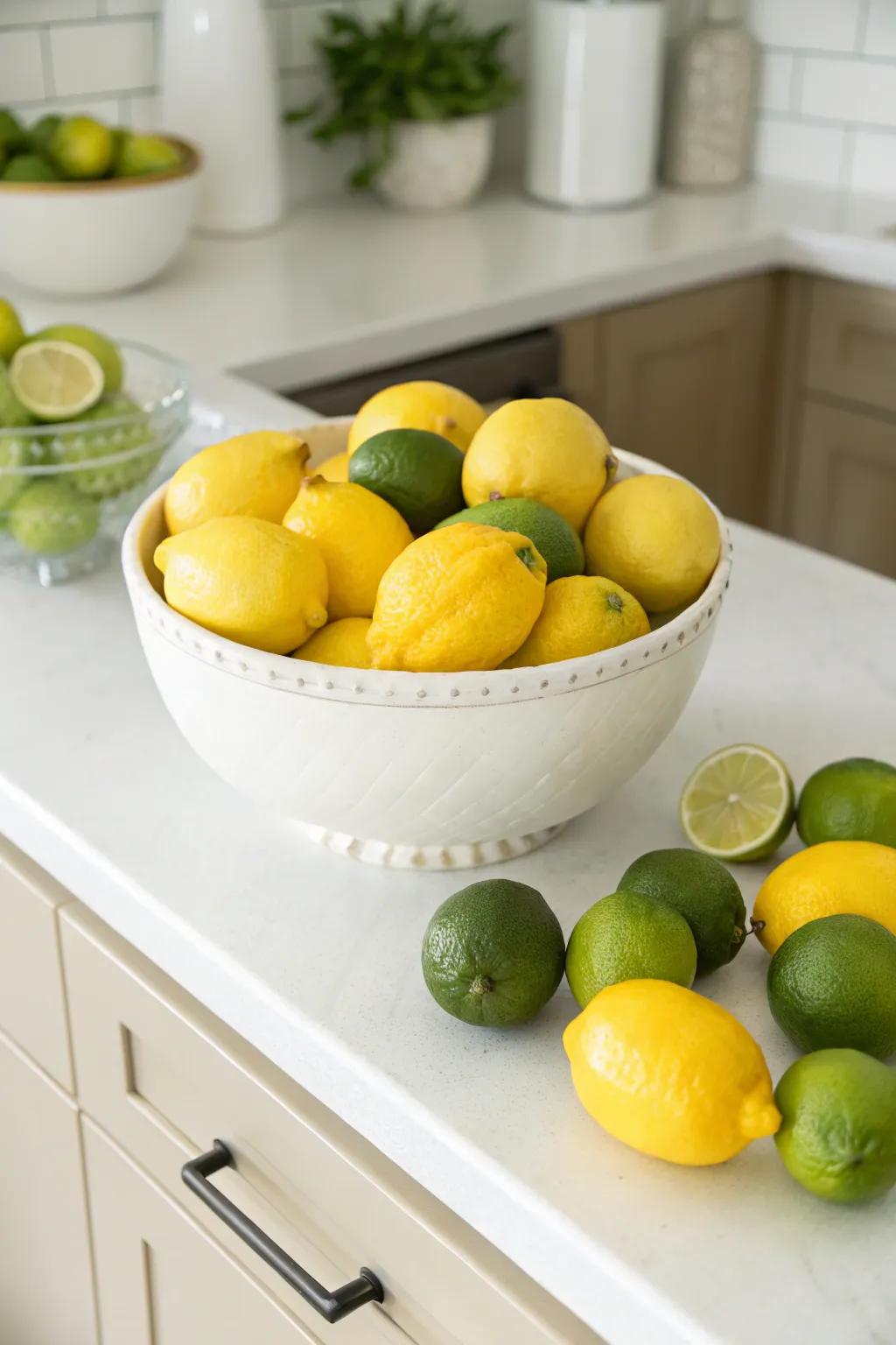 A gorgeous ceramic bowl filled with striking lemons and limes