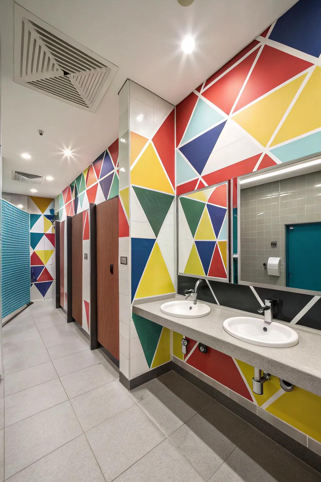A modern boys' lavatory adorned with themed geometrical embellishments.