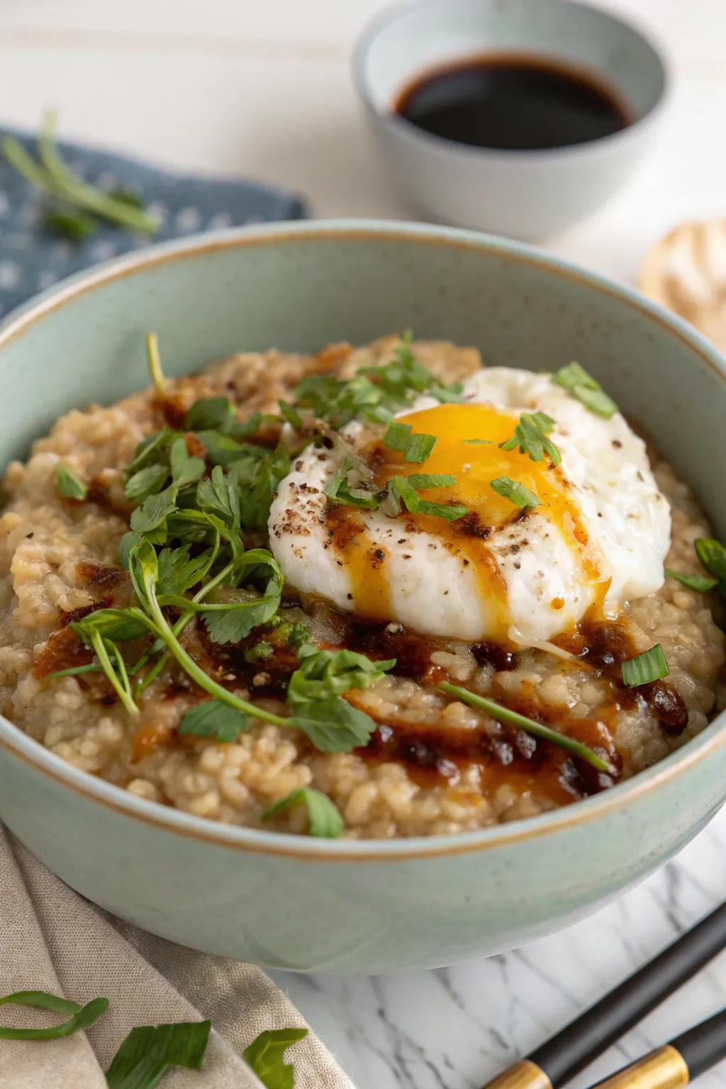 Start your day with the comforting warmth of savory grain porridge and a slipped egg.