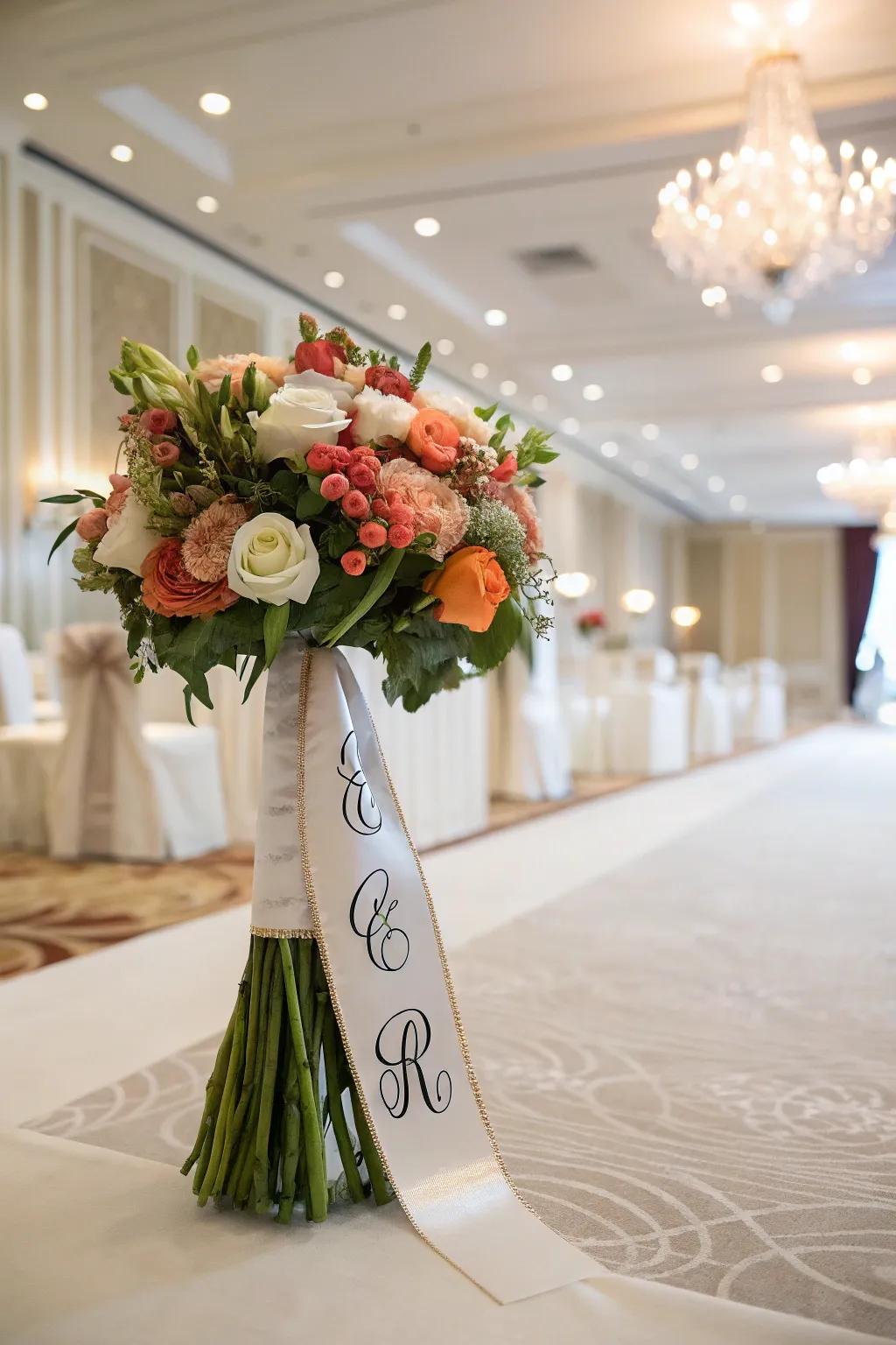A monogrammed ribbon adding a bespoke touch to any bridal bouquet.
