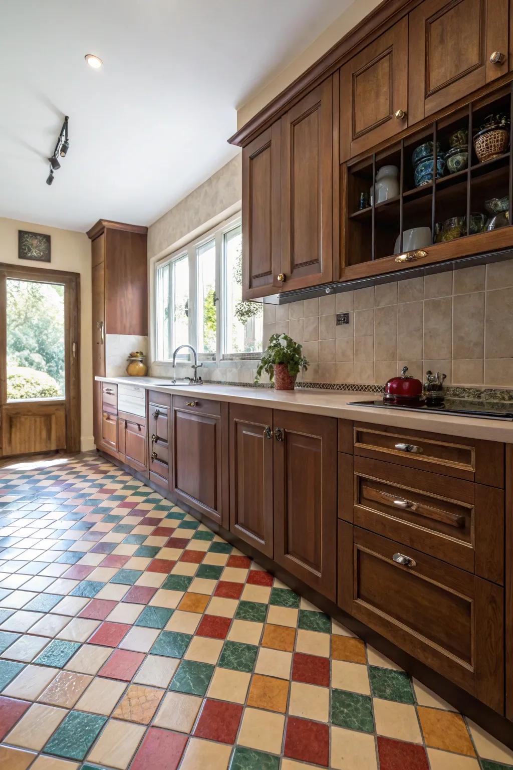 Striking floor tiles introduce a playful element to brown cabinetry.