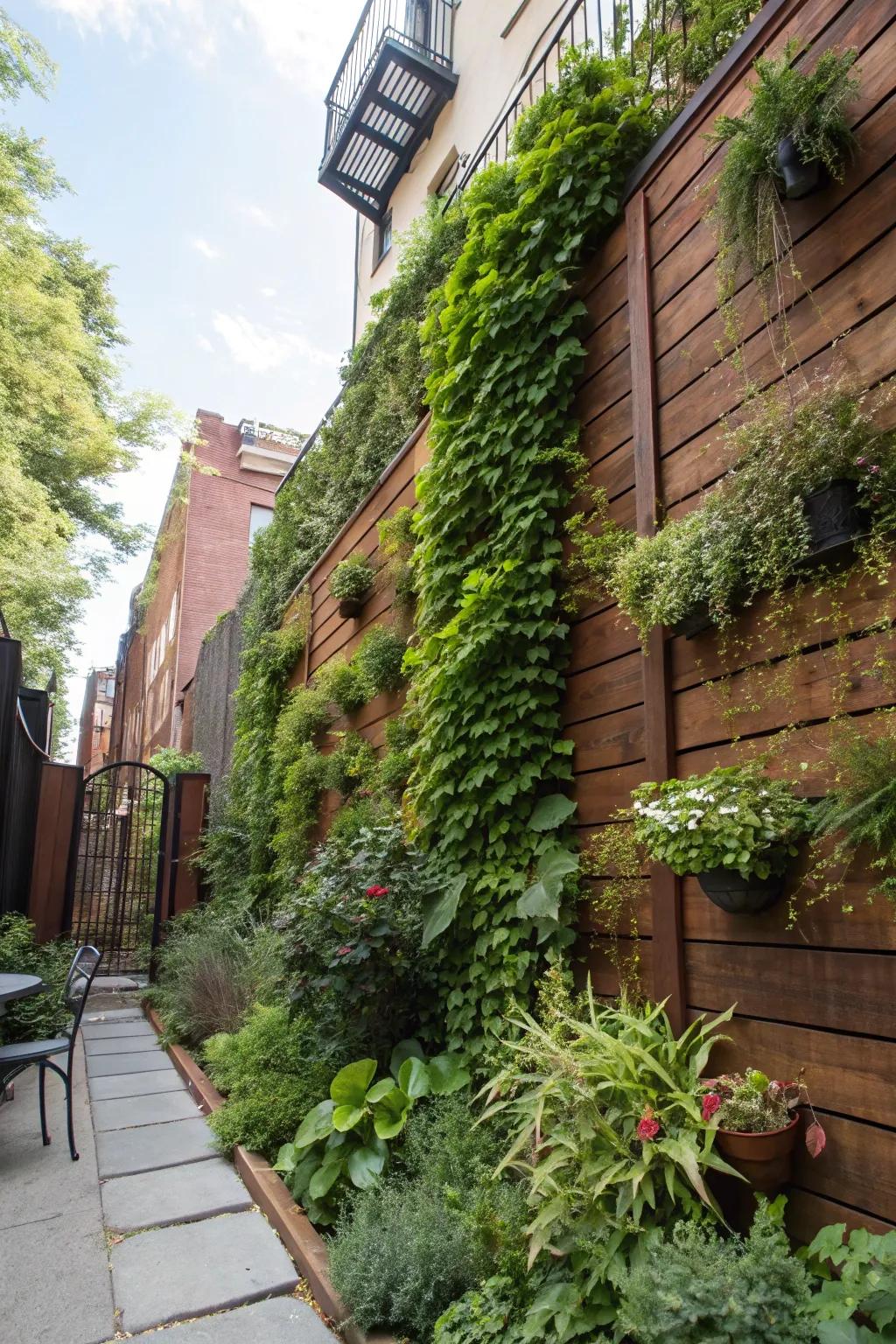 Upright gardens contribute vivid greenery to city backyard walls.