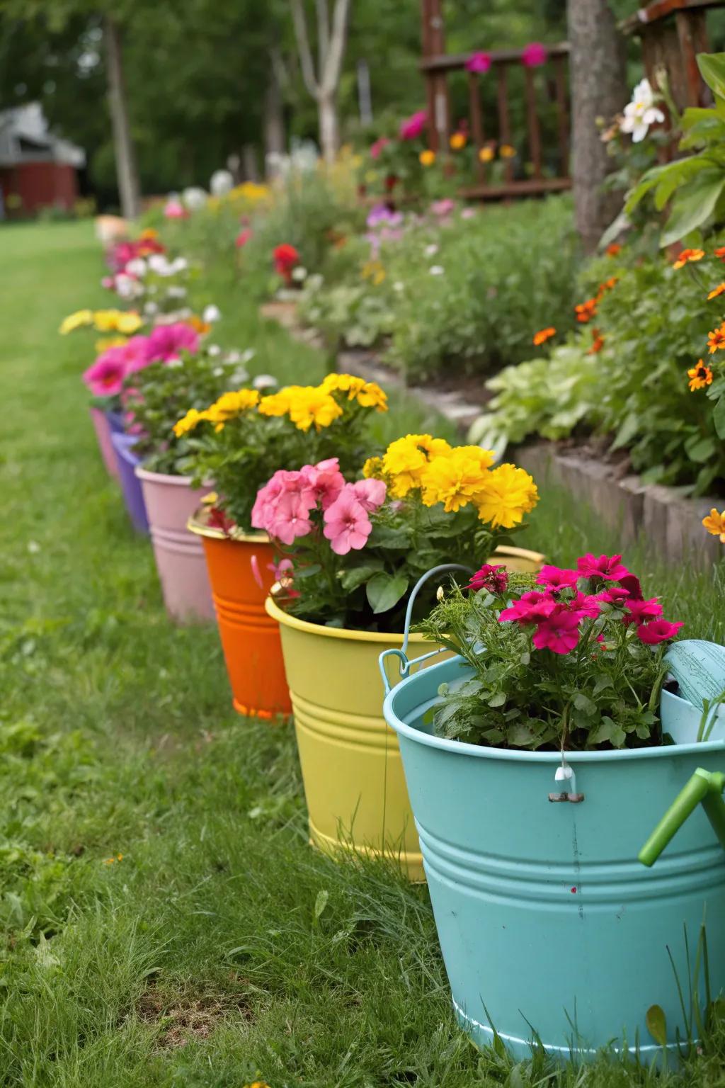 A garden scene featuring vividly colored buckets interspersed with blossoming flowers.