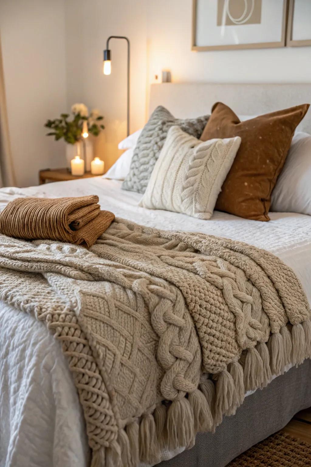 Textured bedding adds coziness and complexity to a reasonably priced bedroom.