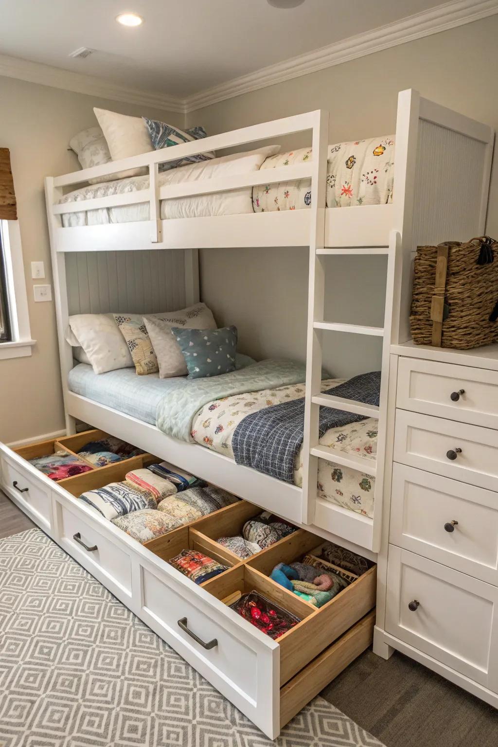 Ingenious storage solutions beneath your bunk beds.