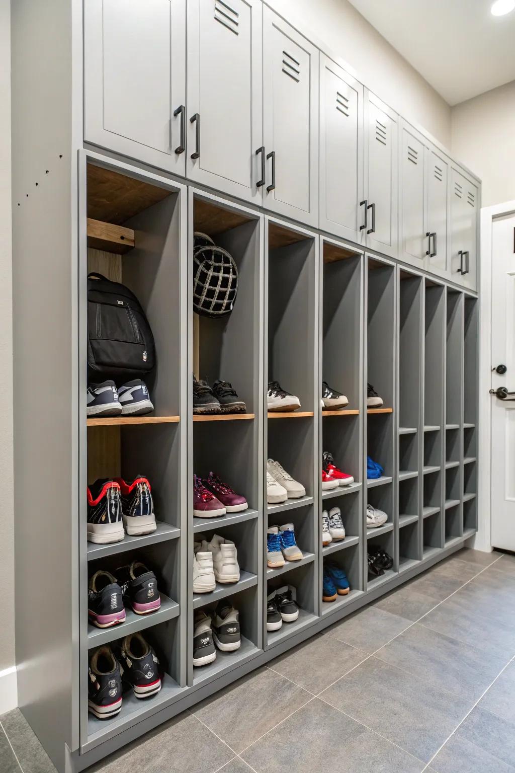 Dedicated shoe storage within the integrated unit, ensuring a tidy entryway.