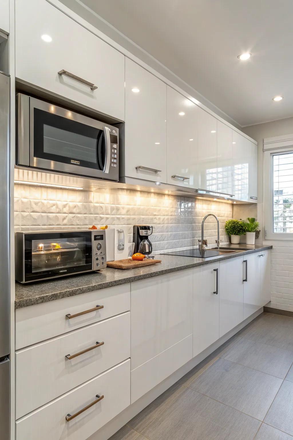 Up-to-date kitchen displaying a microwave installed at eye level in the upper cabinets.