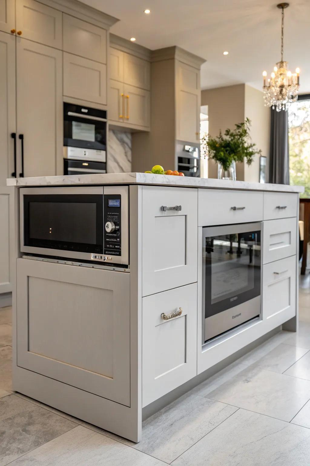 A stylish wave oven drawer built into a kitchen island.