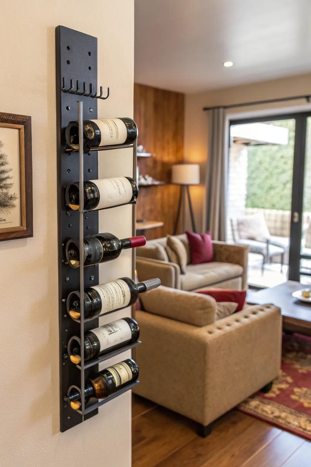 Turn a basic wall into an artistic wine showcase using wall-attached racks.