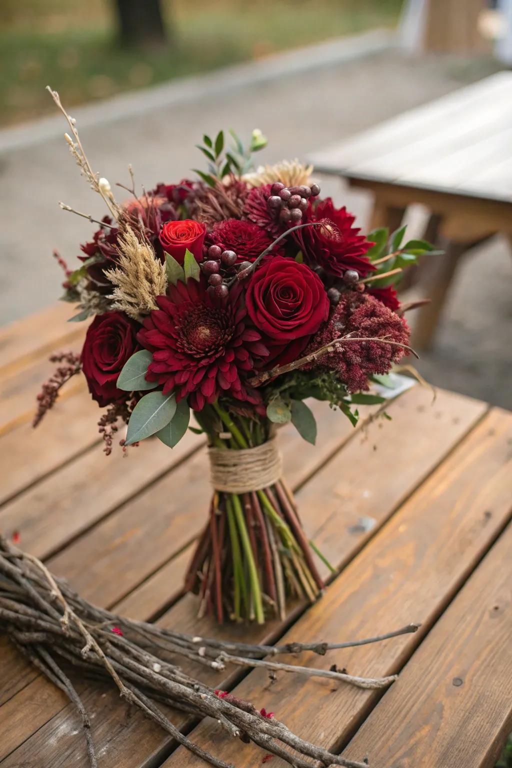 Rustic wedding bouquet featuring sprigs and burgundy flowers.