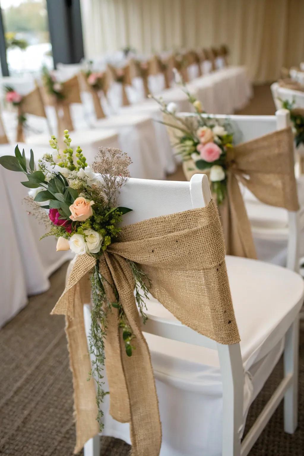 Beautify your chairs using hessian bands for a countryside atmosphere.