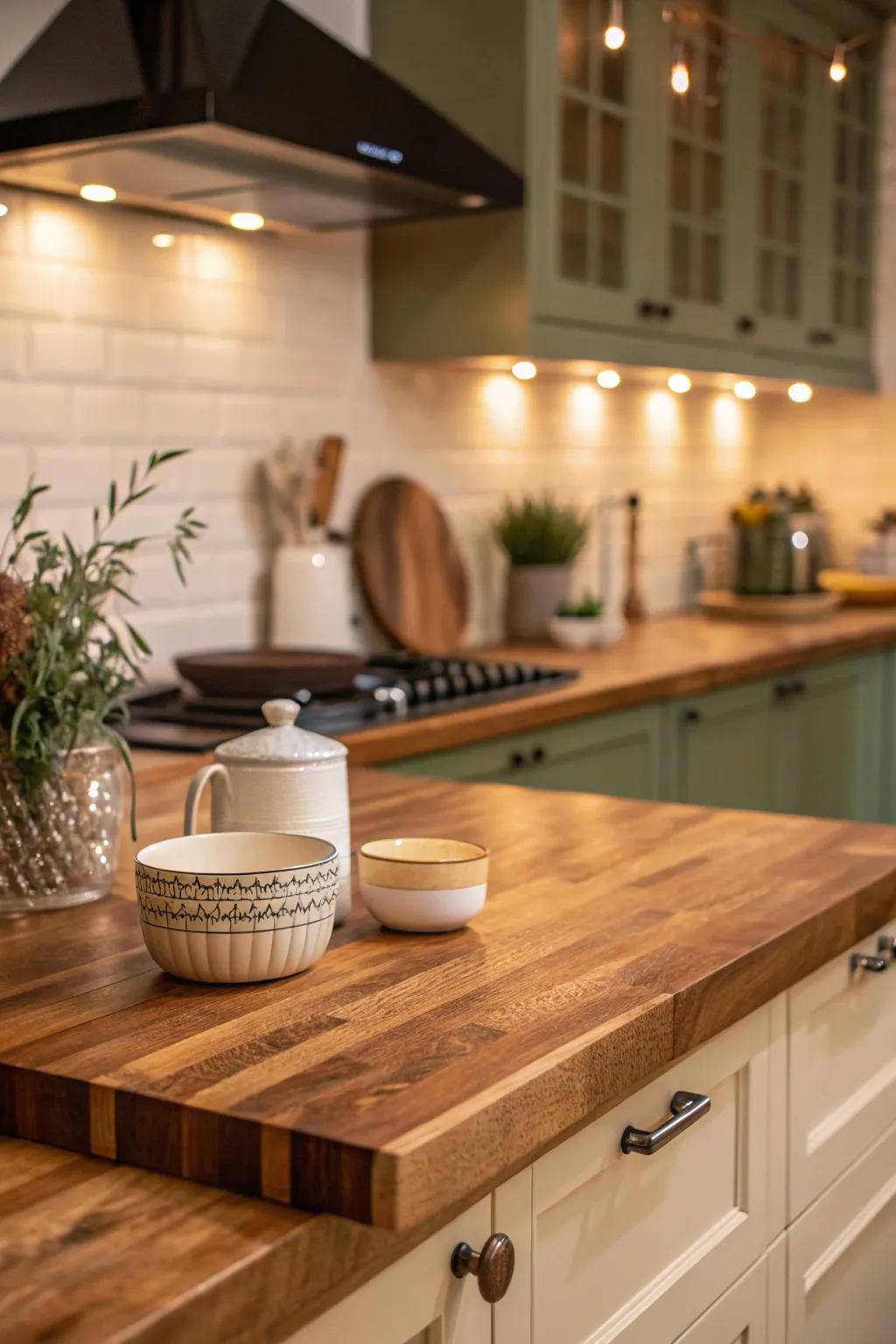 A central wooden worktop introduces comfort and utility to any culinary space design.