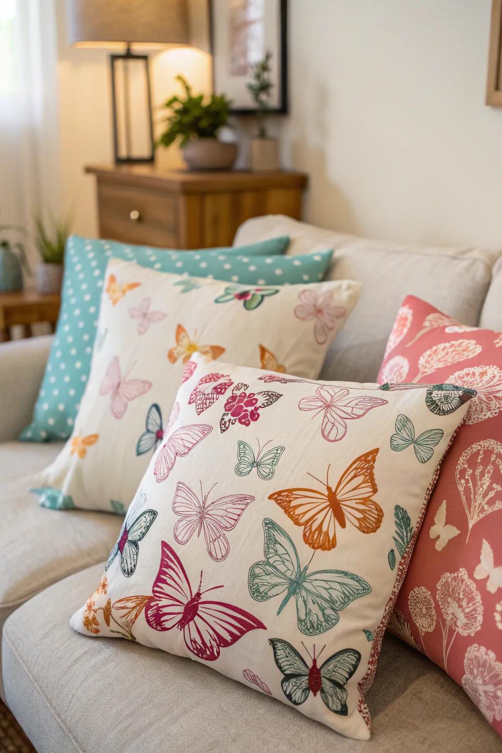 Butterfly-themed pillows bring a cheerful element to any couch.