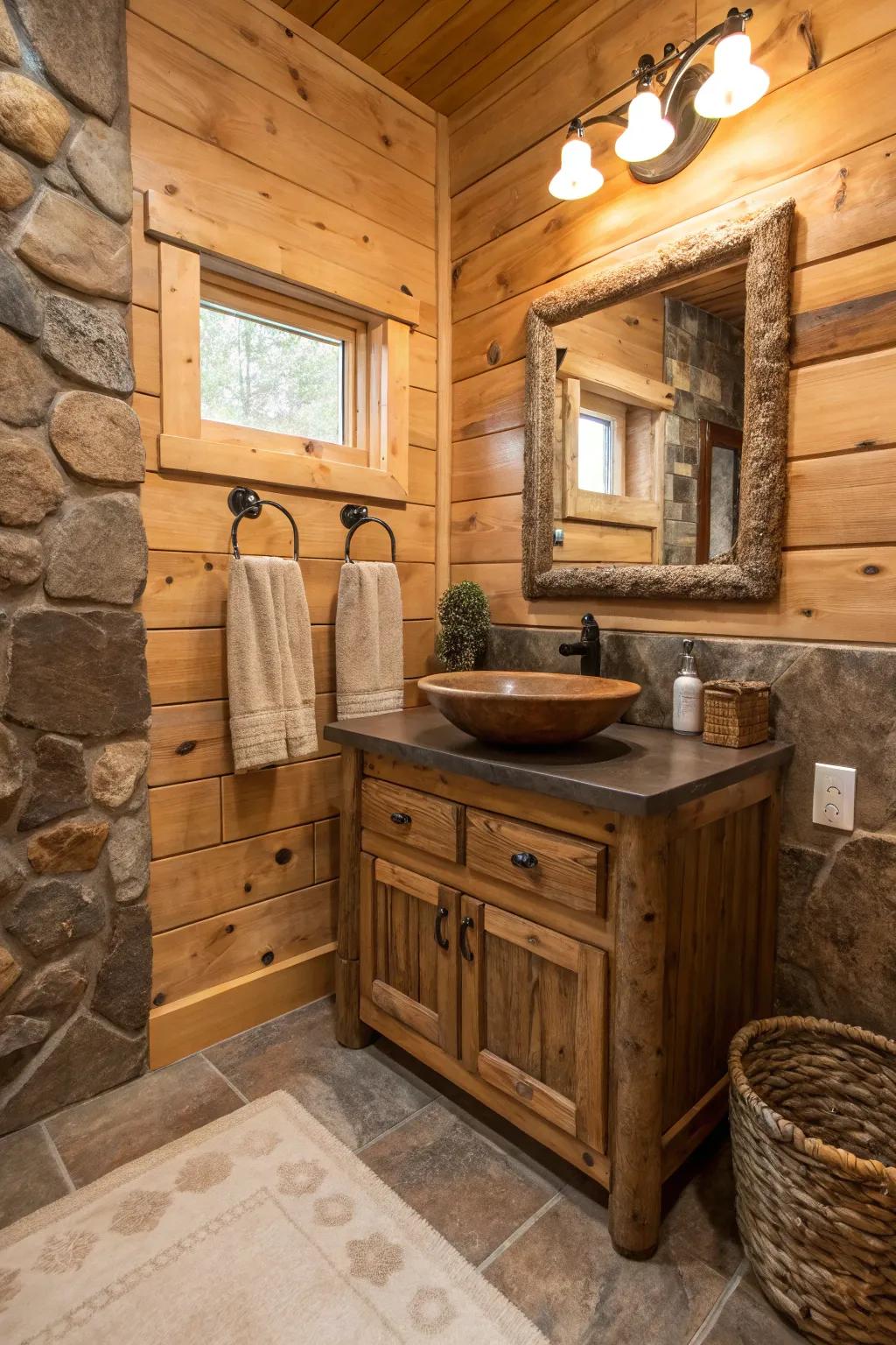 A cabin bathroom displaying organic shades that complement timber designs.