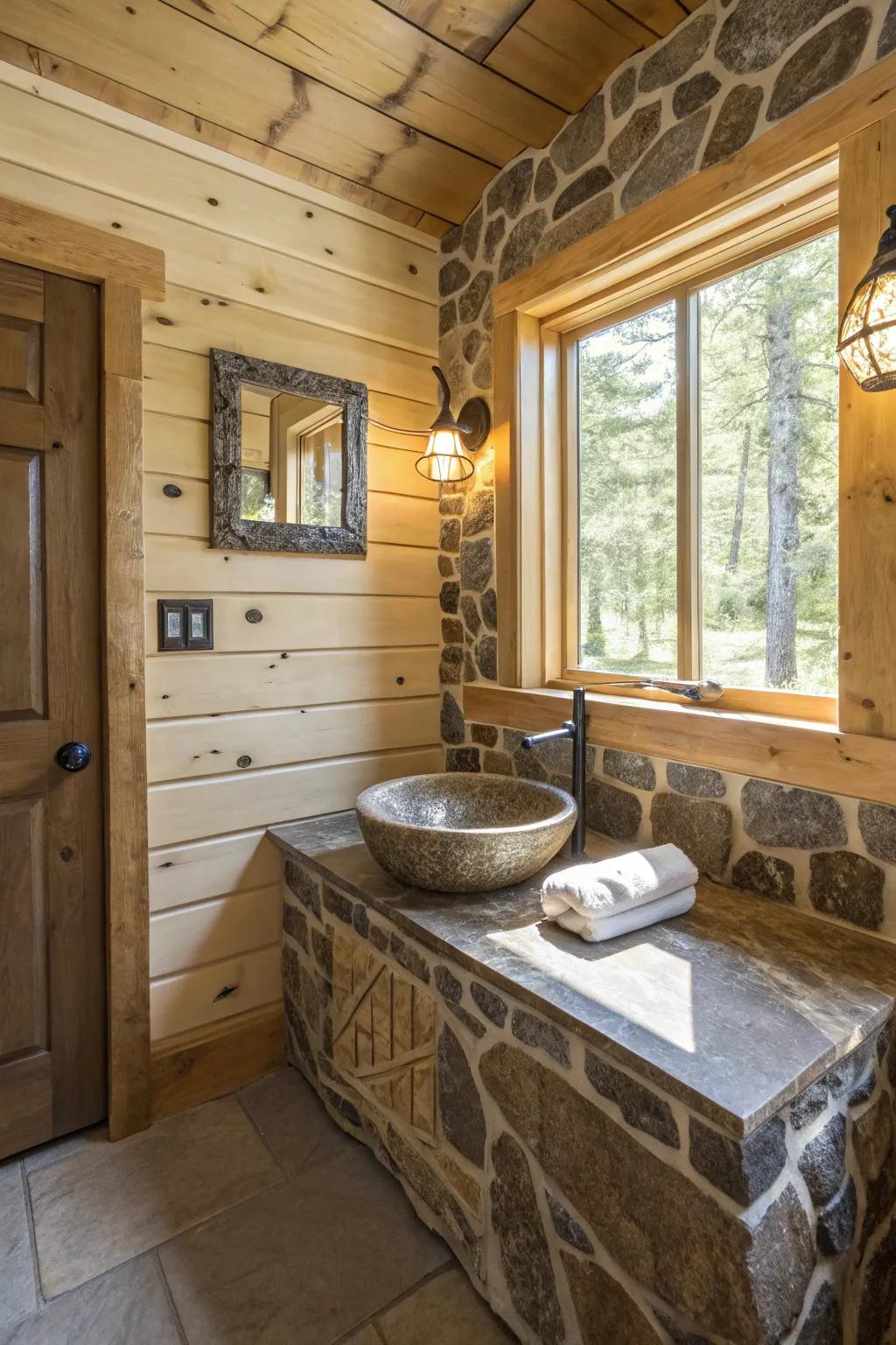 A cabin bathroom showcasing elegant boulder specifics.