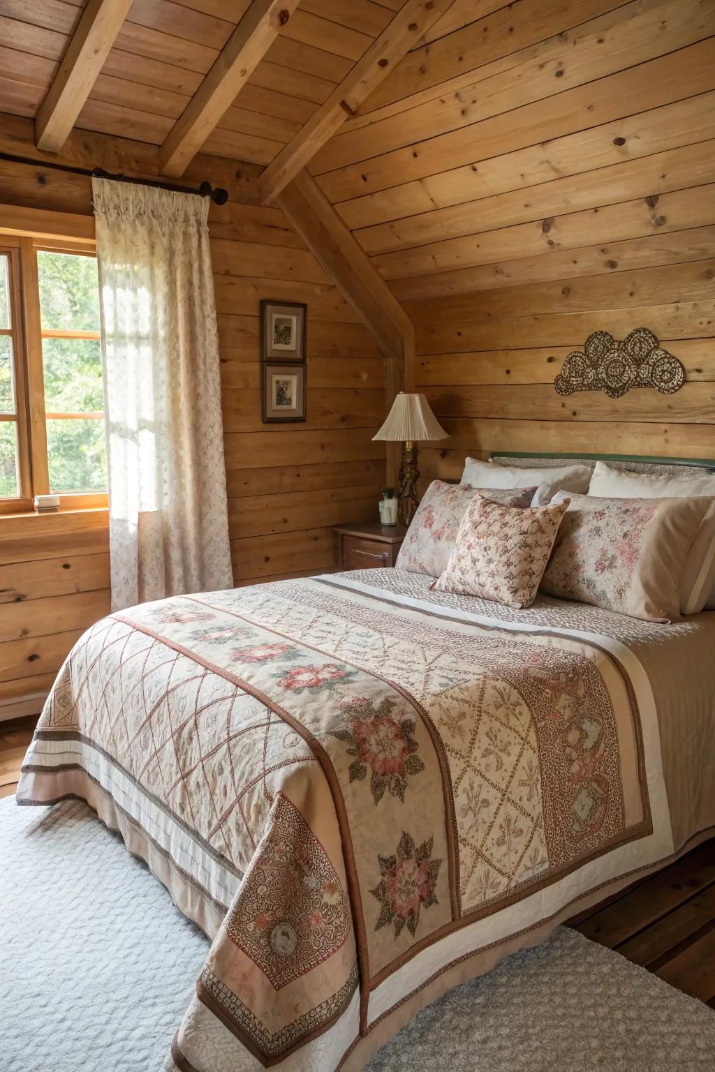 A bed adorned with layered quilts and plush cushions inside a cabin-themed room.