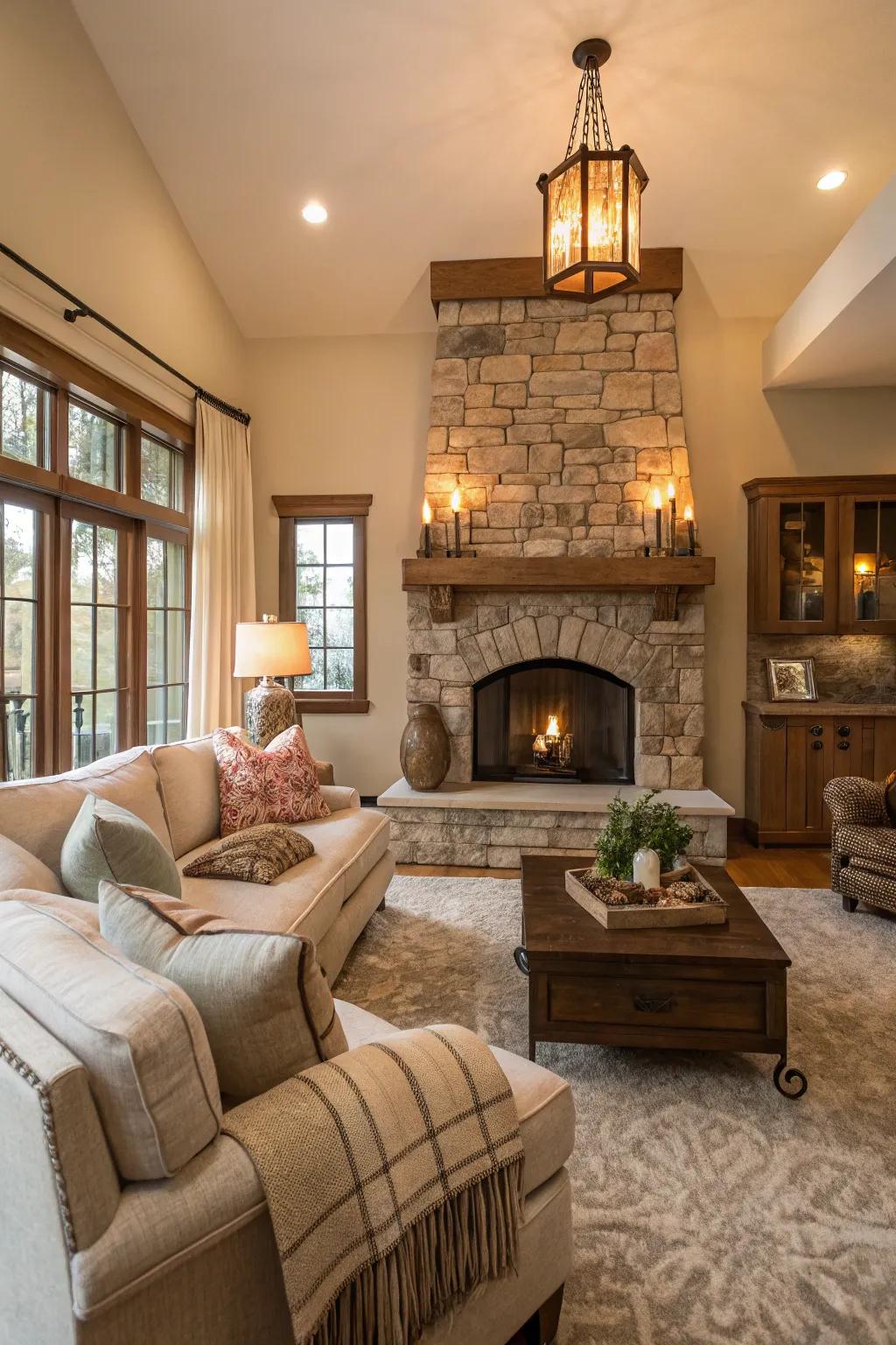 A living room centered on a rock fireplace that fills the room with heat and comfort.